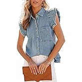 Women's Denim Top Casual Distressed Button Down Cap Sleeve Ruffle Blouses Summer Sleeveless Collared Jean Shirt