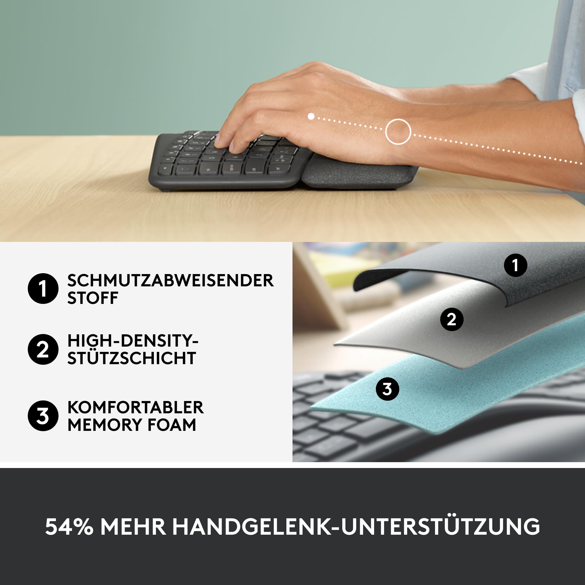 Logitech ERGO K860 - Wireless ergonomic keyboard with split buttons, wristwear and support for natural tap - Windows / Mac, Bluetooth, USB receiver, QWERTZ layout graphite