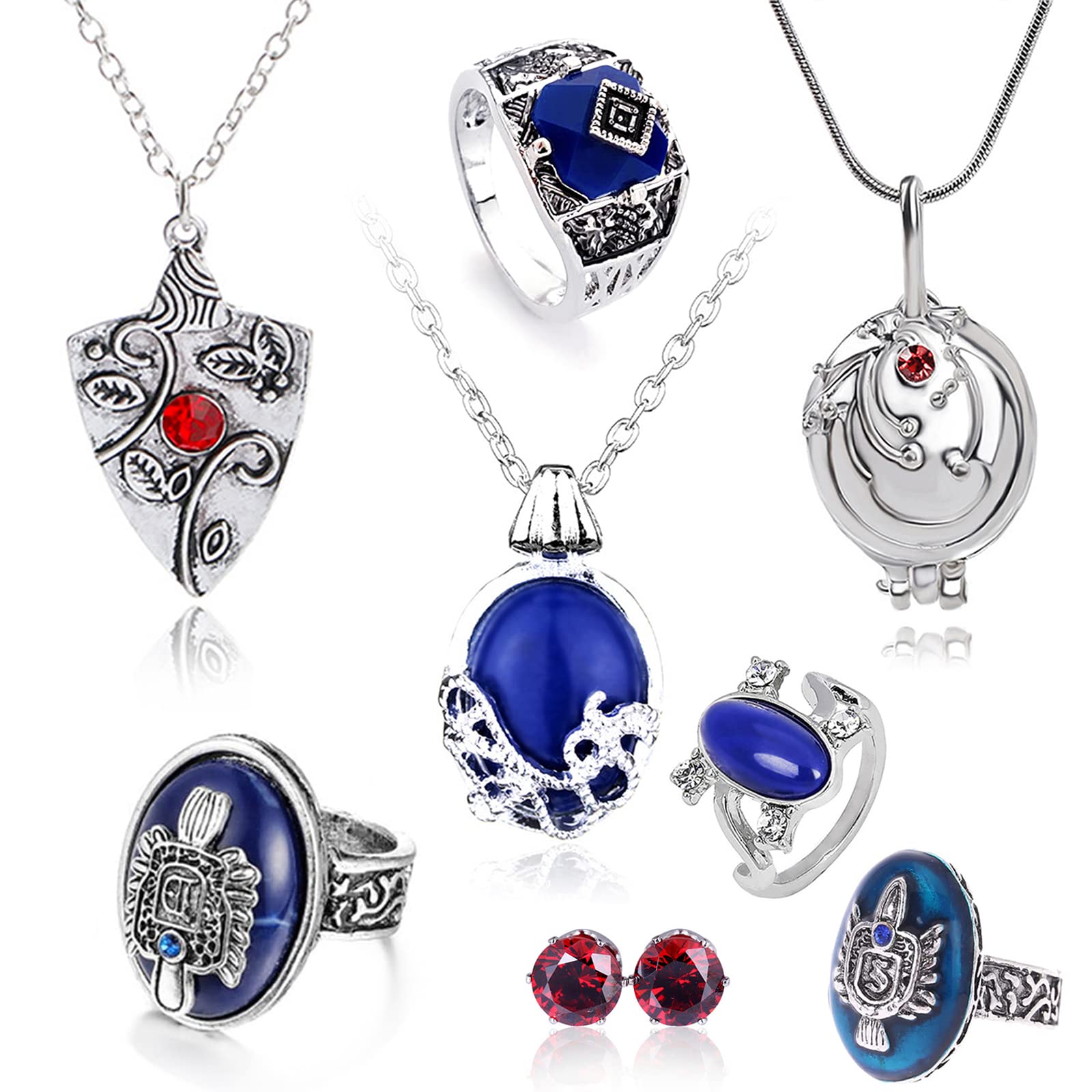 HJYZY 8 pcs Cosplay Vampire Daywalking Katherine Jewelry Set Sapphire Elena Opening Vervain Locket Bonnie Necklaces Damon Stefan finger Family Crest Ring Diamond Stud Earrings