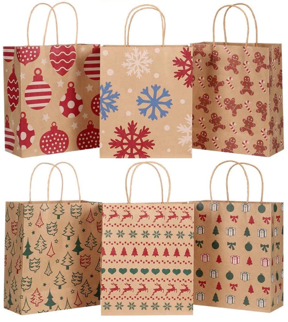 LATERN 24Pcs Christmas Bags Gift Bags, 6 Patterns Kraft Paper Bag Christmas Theme Goody Bag Xmas Party Boxes Candy Paper Boxes (23 x 19 x 9CM)