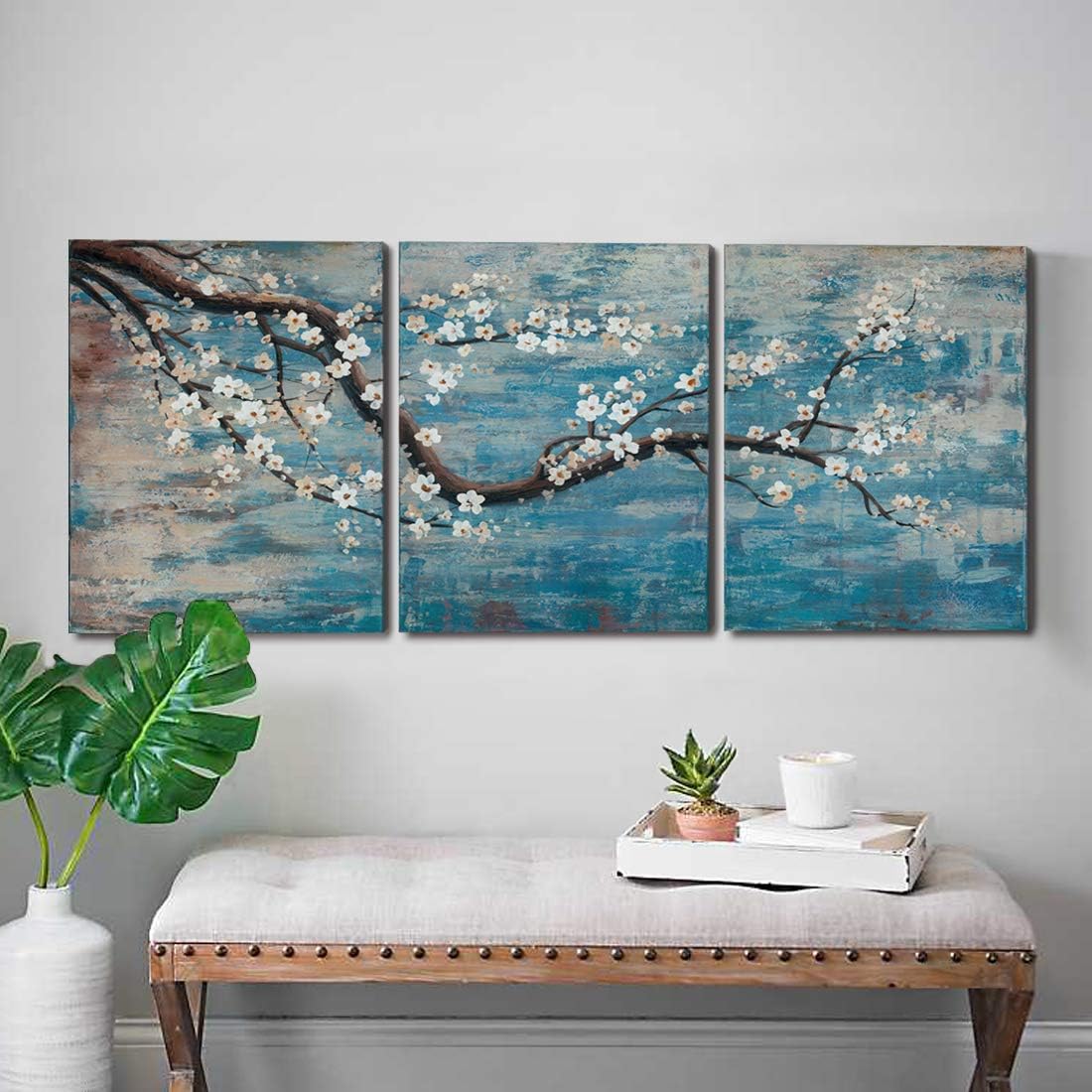 Wall Décor - amatop 3 Piece Wall Art Hand-Painted Framed Flower Oil Painting On Canvas Gallery Wrapped Modern Floral Artwork for Living Room Bedroom Décor Teal Blue Lake Ready to Hang 12