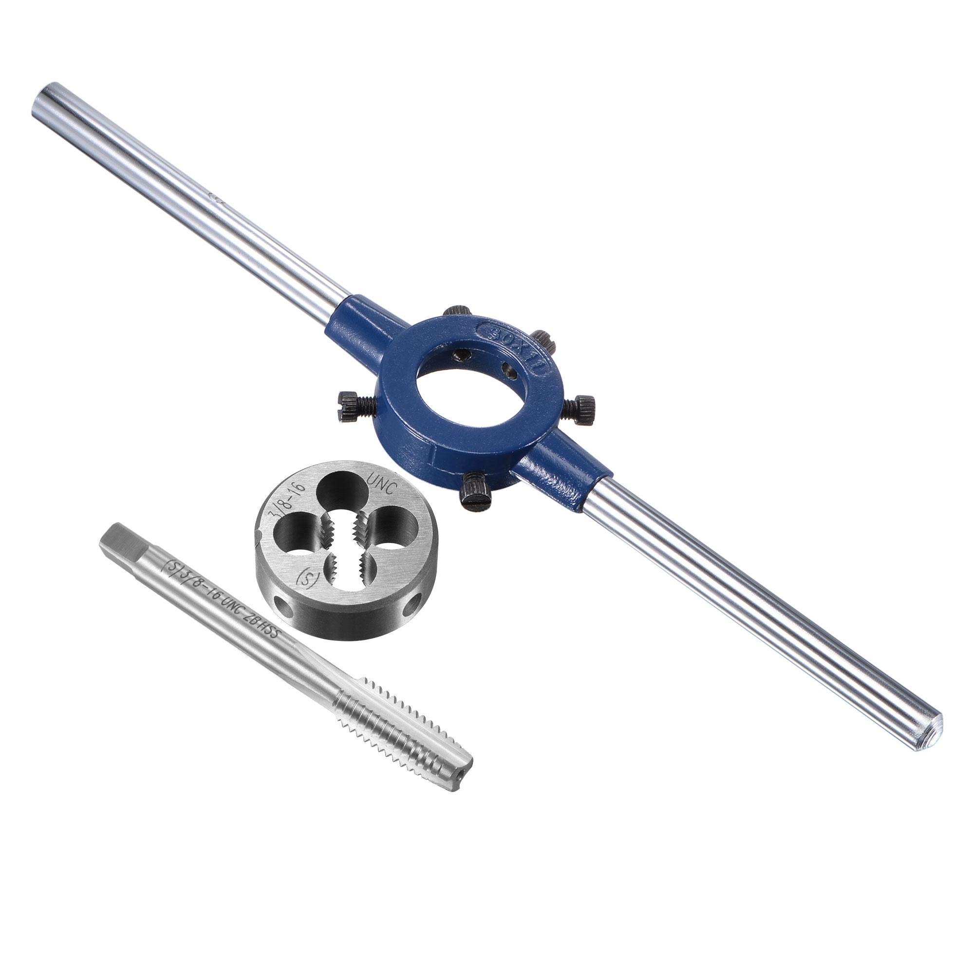 sourcing map 3/8-16 UNC Tap and Die Set with 30mm Round Die Stock Handle Wrench, High Speed Steel Machine Thread Tap and Round Die Threading Tool