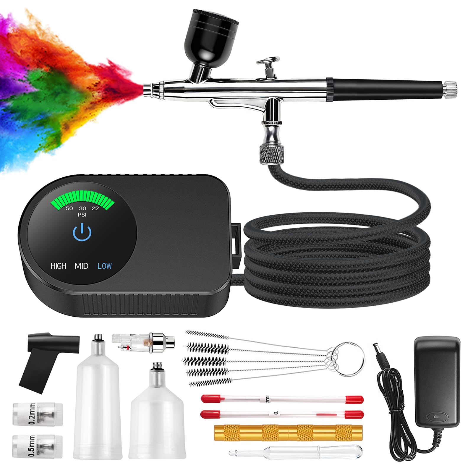 Photo 1 of KingMiKi Airbrush Kit with Air Compressor, 22/30/50 PSI High Pressure Air Brush Non-Clogging with 0.2/0.3/0.5mm Nozzle/Cleaning Sets, Ideal for Painting, Modeling, Cake Decor, Makeup,Nail Art