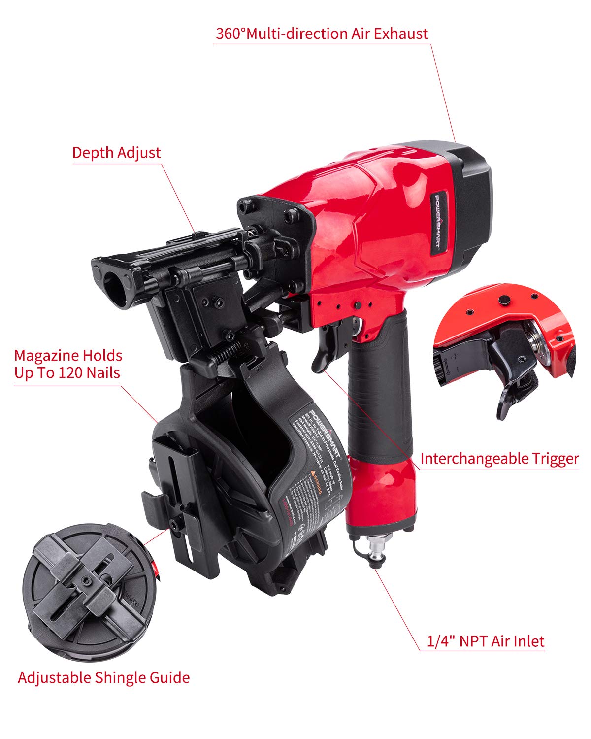 Powersmart Roofing Nailer, pistola de clavos para techos de 15 grados con gafas de seguridad, uñas de la bobina de 3/4 de pulgada a 1-3/4 pulgadas, kit de uñas de la bobina de capacidad de carga de 120 pcs con 240 clavijas Powersmart Roofing Nailer, pistola de clavos para techos de 15 grados con gafas de seguridad, uñas de la bobina de 3/4 de pulgada a 1-3/4 pulgadas, kit de uñas de la bobina de capacidad de carga de 120 pcs con 240 clavijas