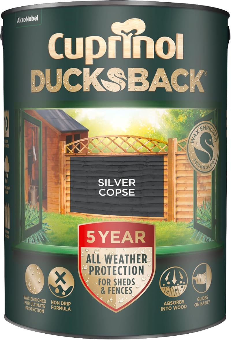 Cuprinol Ducksback Shed Fence Paint Silver Copse 5L 5 Year Protection Easy