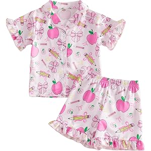 Toddler Girl Back to School Pajamas Set Shirt and Shorts Set Sleepwear | Pre Kindergarten Pjs Apple Pencil Print Short Sleeve