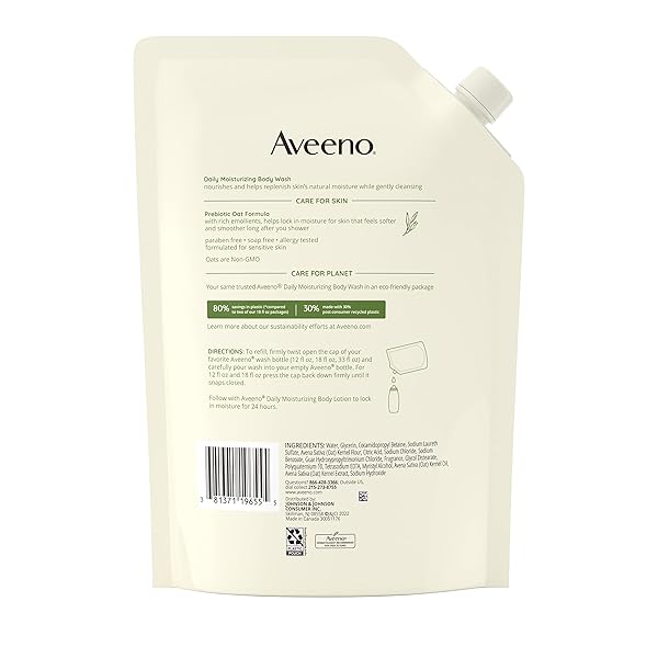 AVEENO DAILY MOISTURIZING BODY WASH FOR SENSITIVE SKIN + PREBIOTIC OAT, GENTLY CLEANSES, NOURISHES & FEELS MOISTURIZING DRY SKIN, LIGHT FRAGRANCE, REFILL POUCH, 36 FL. OZ
