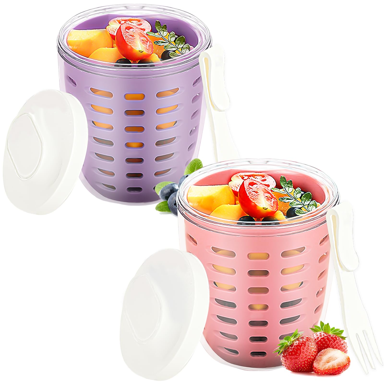 Photo 1 of 20oz Fruit Salad Storage Cup with Lids and Fork, Reusable Plastic Fruit Storage Containers for fridge with Drain Baskets, BPA-Free & Leak-Proof, Keep Fruits, Vegetables Fresh Longer (Pink+Purple)