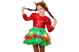 REETAN Light up Kids Christmas Tutu with Antler Headband Green Layered Tutu Skirt Sparkly Tutu Outfits for Girls