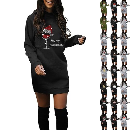 Women's Christmas Sweatshirt Dress Knee Length Tops Long Sleeve Jumper Dress Holiday Funny Cute Sweatshirt Xmas Print Slim Crew Neck Graphic Jumpers Pullover Blouse Black S