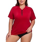 ForHailey Women's Plus Size Short Sleeve Rash Guard Swim Shirt UPF 50+ Sun Protection Zip Swimsuit Tops 1XL-5XL