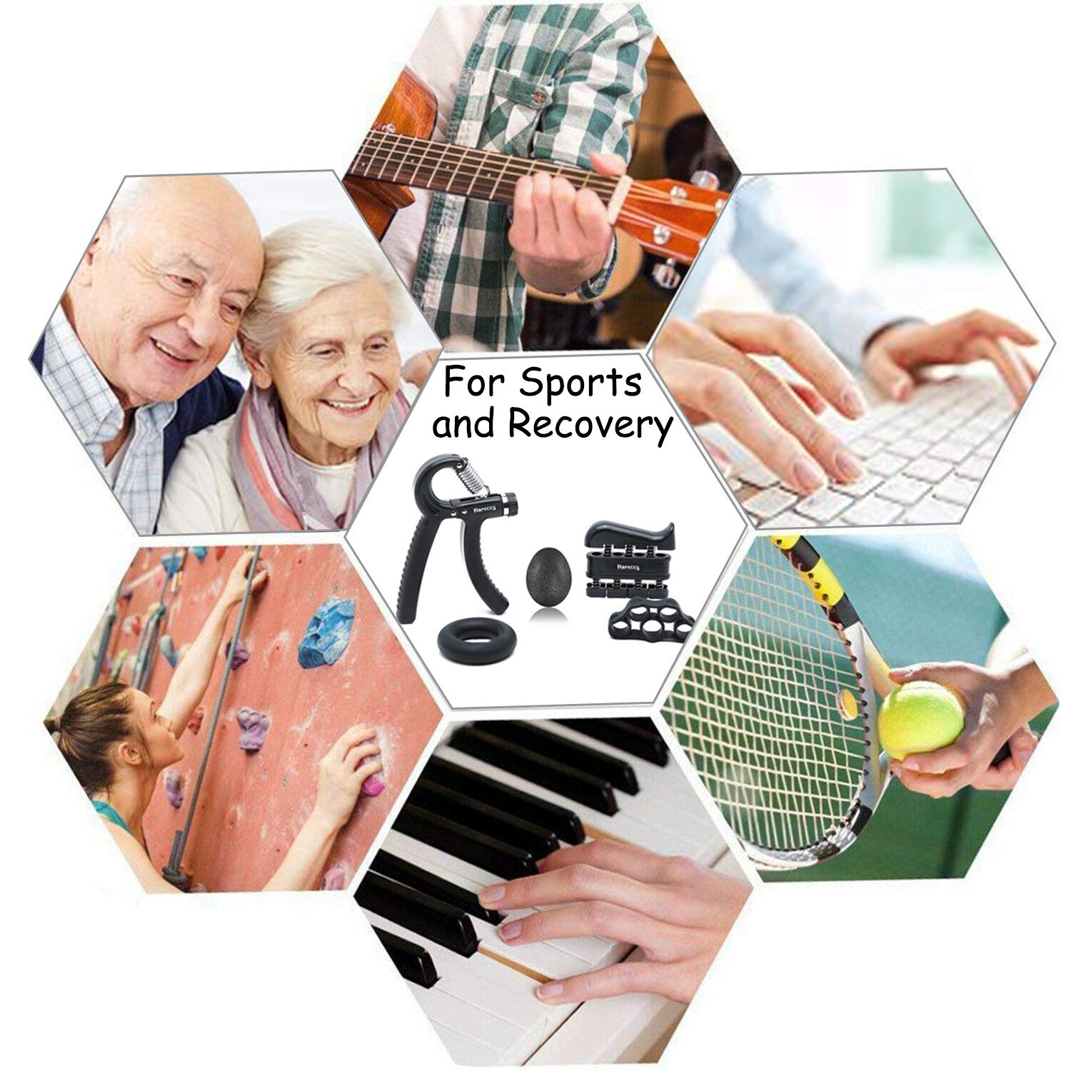 Rareccy Hand Grip Strengthener Workout Kit 5 Pack, Hand Grip Exerciser Set, Including Adjustable Resistance Hand Gripper + Finger Exerciser + Finger Stretcher + Stress Relief Grip Ball + Grip Ring