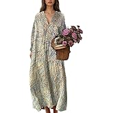 Akivide Women's Flowy Oversized Baggy Boho Floral V Neck Midi Dress Long Sleeve Casual Dress with Pockets