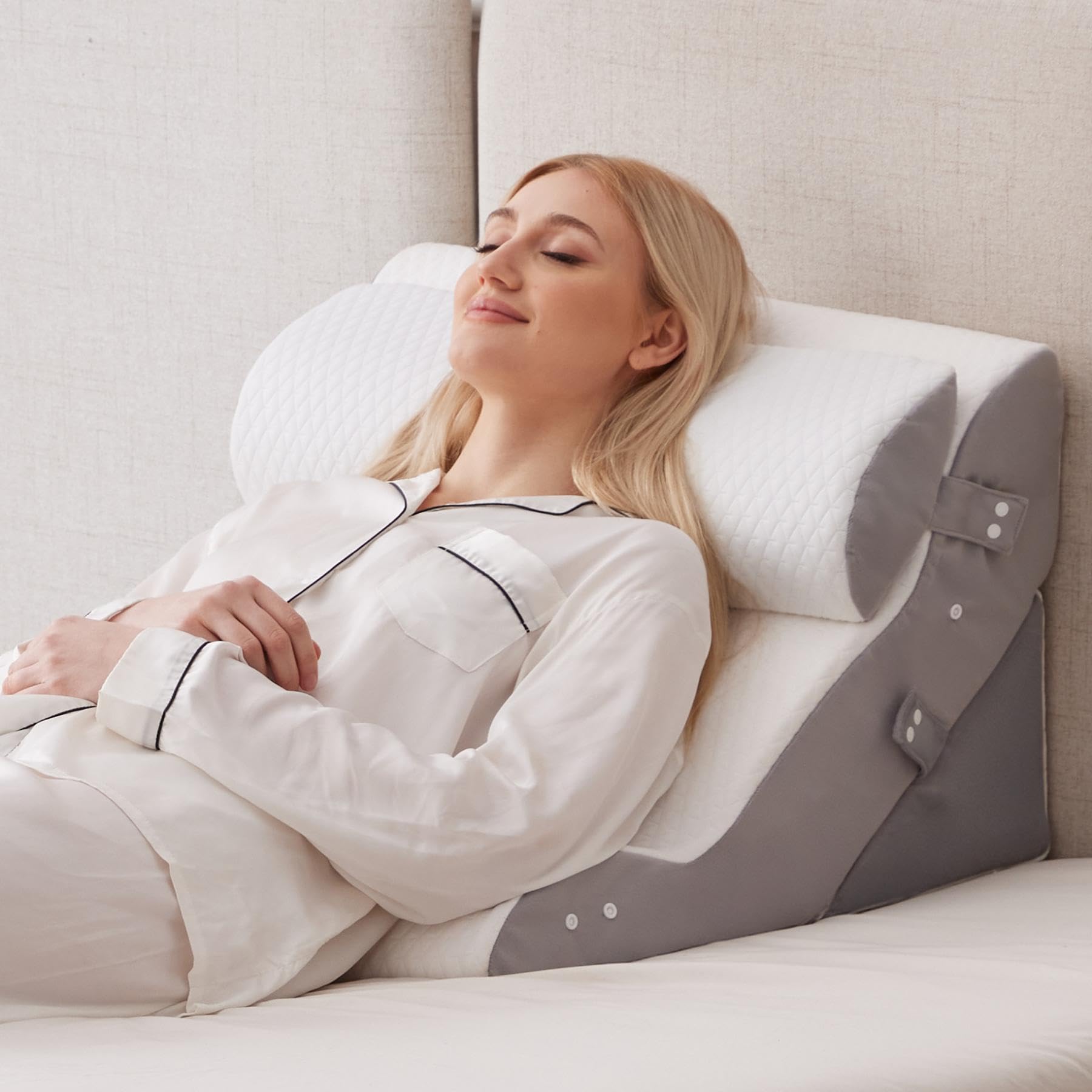 Photo 1 of Ruqmuis 3PCS Wedge Pillow Set for After Surgery, 10-in-1 Adjustable Wedge Pillow for Acid Reflux Relief, Bed Wedge Pillows for Sleeping, Snoring & Back Pain Relief, Sit up Pillow for Bed, White
