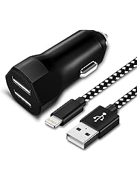 Suanna Phone Car Charger, 24W/4.8A Rapid Dual Port USB Car Charger Adapter 3FT USB Cable Compatible iPhone X 8 7 Plus 7 6S 6 SE 5S 5, iPad - Black White