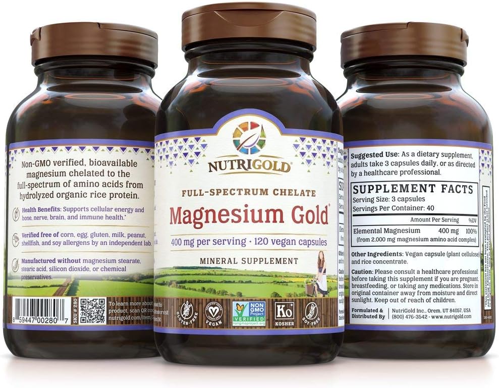 Nutrigold Chelated Supplement, 400 Mg, Highly Bioavailable Full-Spectrum Chelate Better Than Magnesium Glycinate, Malate, or Oxide, 120 Vegan Capsules: Health & Personal Care