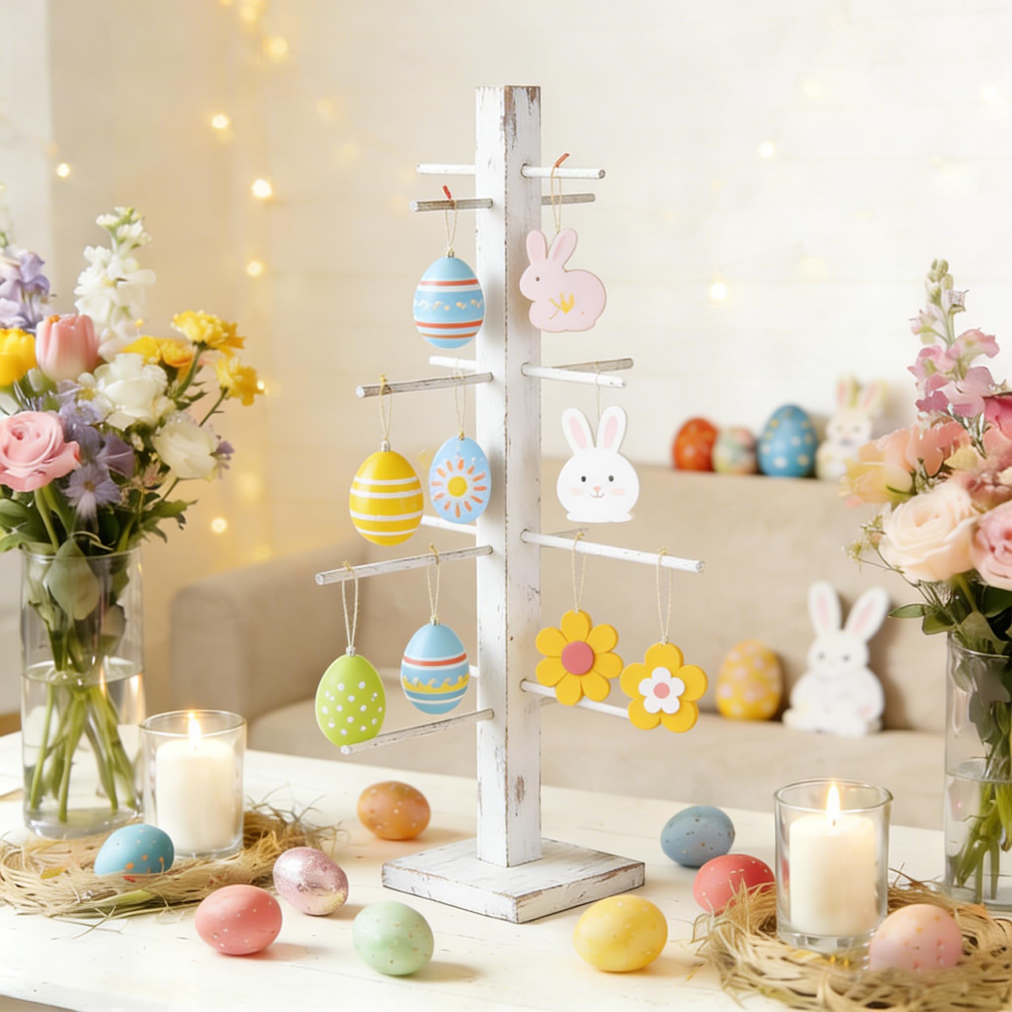 Photo 1 of 32 inch Vintage White Easter Farmhouse Ornament Tree Display Stand Easter Egg Tree Holder Tabletop Decor Wood Rustic Trees for Wedding Anniversary Christmas Birthday Farmhouse Party Home Decoration