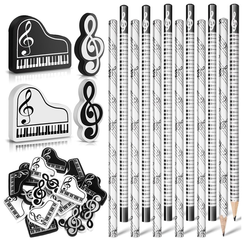 Aetherion Music Pencils Music Note Pencil with Music Themed Erasers Wood Pencils Bulk Keyboard Fun Pencils Erasers Gift (24 Pcs)