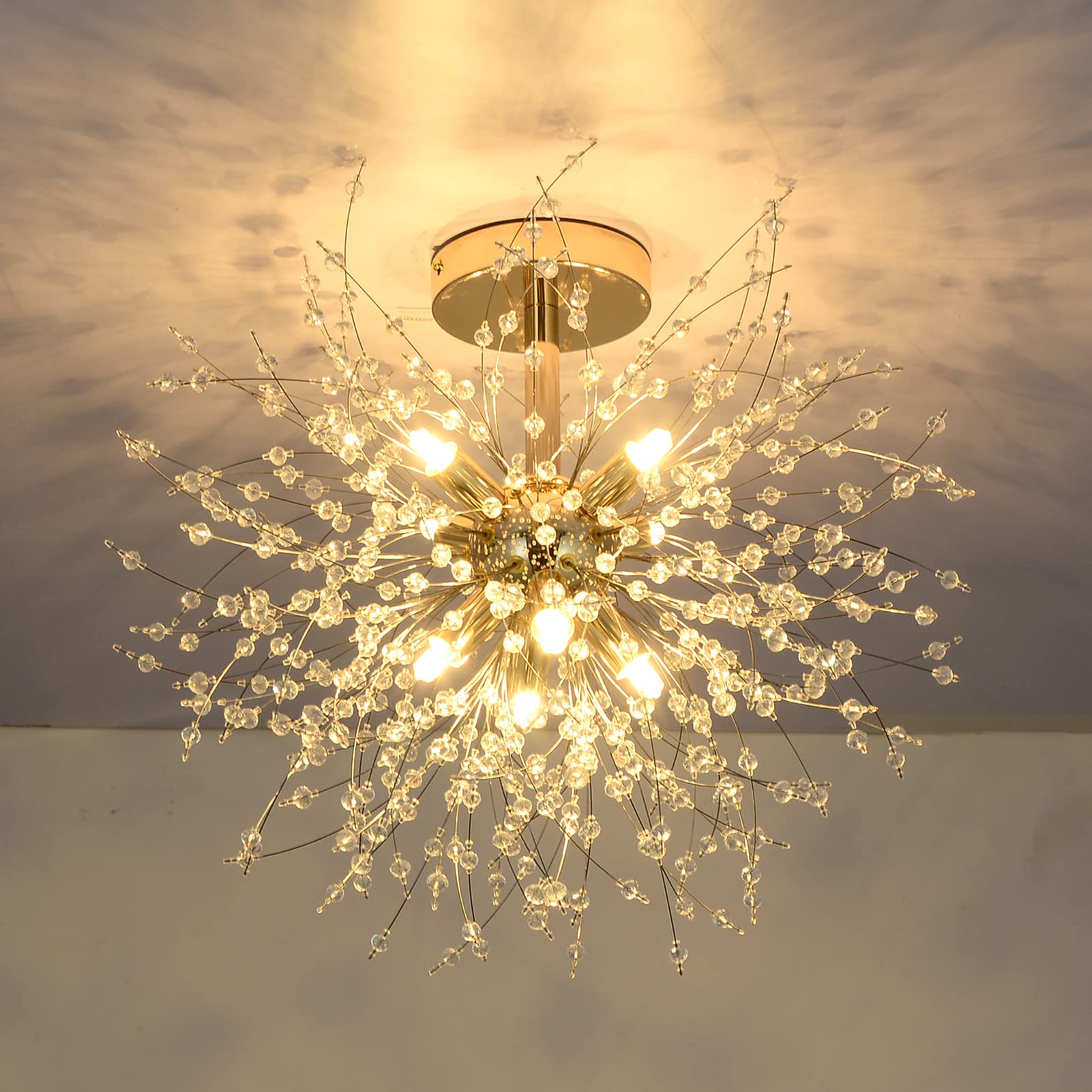 Rayofly Modern Crystal Chandeliers Ceiling Light, Firework Ceiling Lights, Gold, K9 Crystals Fireworks Pendant Lights, Metal, Chandeliers for Living Room, Bedroom, Dining Room, Hallway, Kitchen, 8 G9