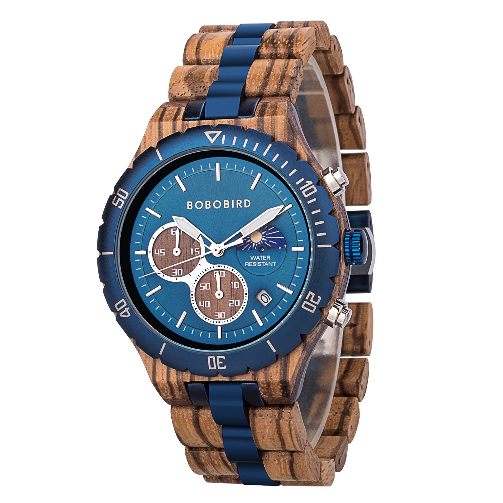 BOBO BIRD Men's Quartz Wooden Watch Stainless Steel Red Sandalwood Alloy Wooden Watch for Men Classic Function Wrist Watch Chronograph Luminous Hands Day and Night Date Display, blue, Classic