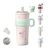 21oz Cute Bear Car Cup with Straw & Cap, Leak-Proof Portable Mug with Tea Strainer, Insulated for Hot/Cold - Ideal for Car, Office, Outdoor (Green)