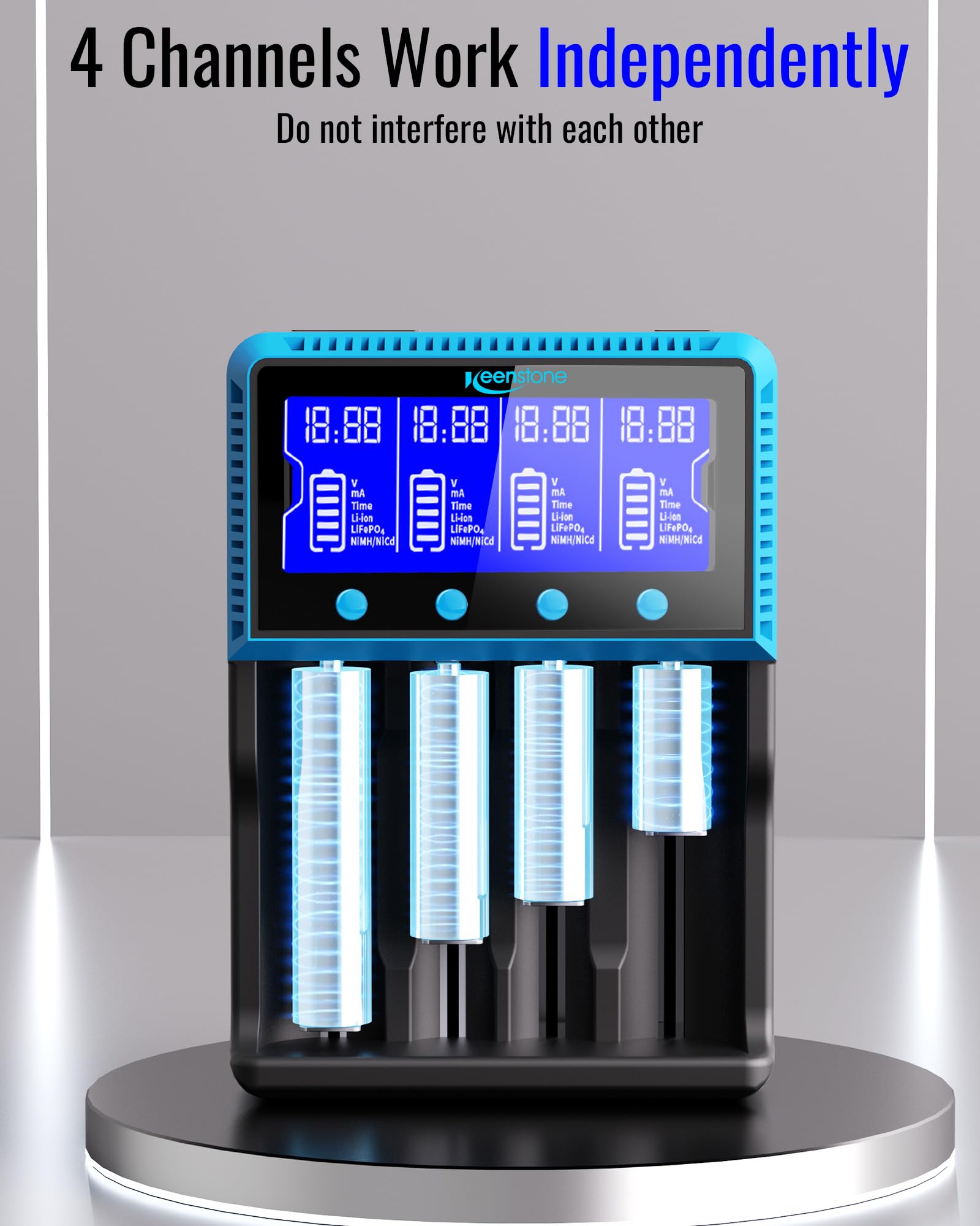 Universal Akku Ladegerät, 18650 Akku Ladegerätmit 4 Schacht, LCD Smart Schnell Aufladen Batterieladegerät für NI-MH NI-CD AA AAA Li-Ion LiFePO4 IMR 10440 14500 16340 18650 RCR123 26650 4