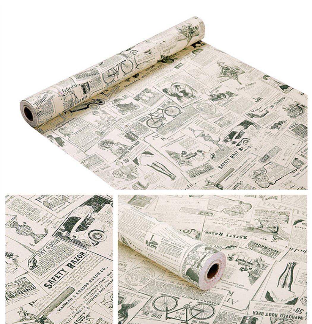 GLOW4U Vintage Newspaper Vinyl Contact Paper Wallpaper Self Adhesive Cabinet Shelf Drawer Liner for Kitchen Bathroom Backsplash Countertop Cupboard Table Desk Wall Decor (45cm x 3m,Smooth)