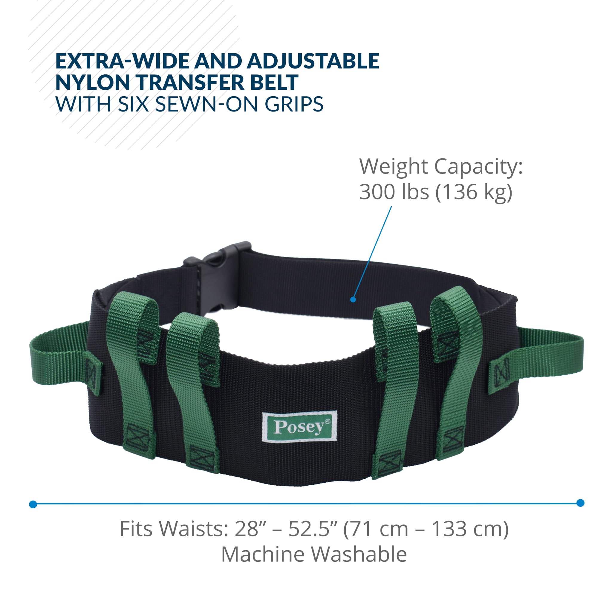 Posey 6537Q Transfer Belt, Black with Green Economy Model – Extra-Wide Soft Nylon – Washable Walking Belt & Gait Transfer Belt – Medical Supplies for Nurses, Therapists & Home Care Caregivers (6537Q)