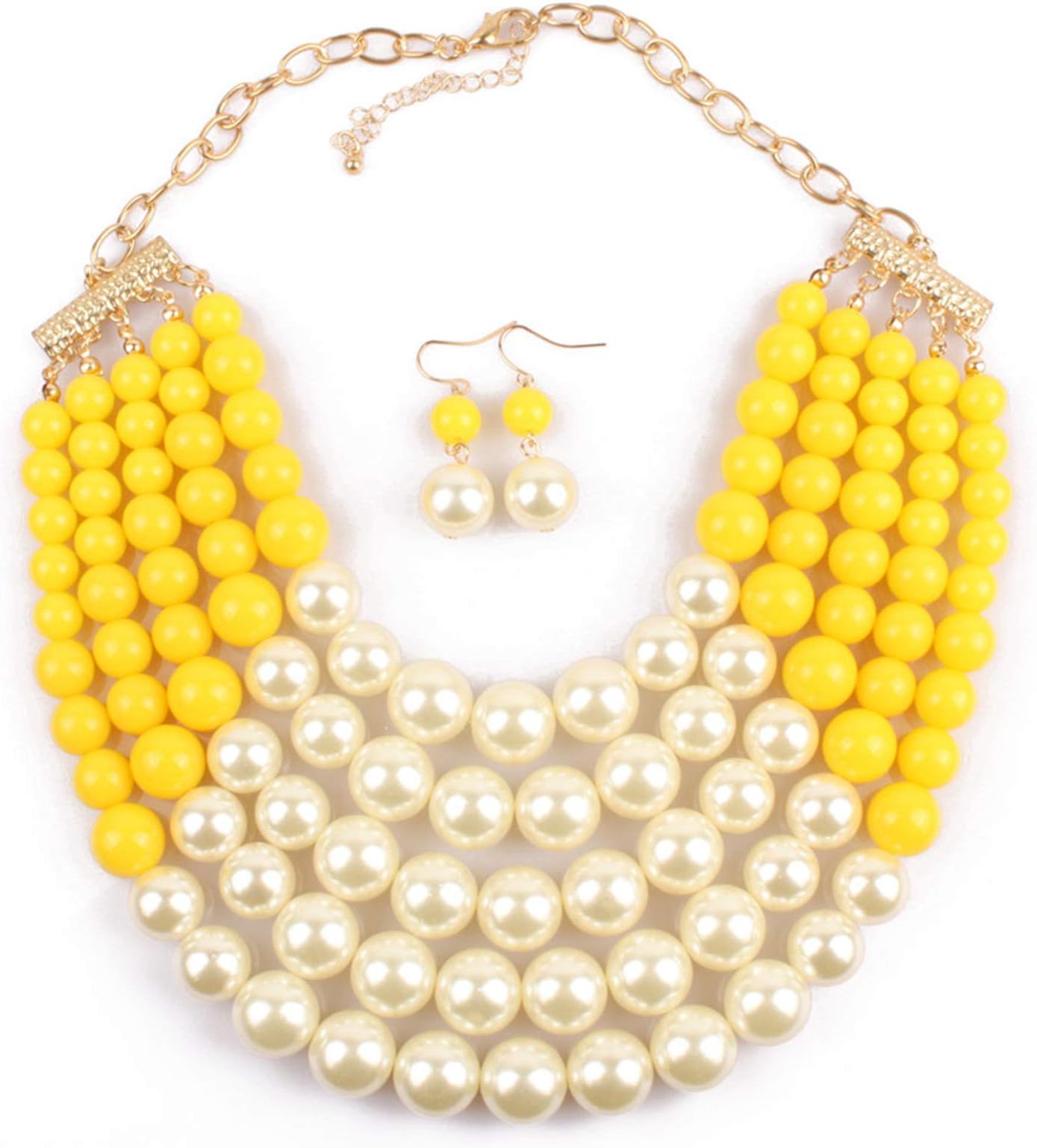 Thkmeet Women Fashion Jewelry Set Pearl Bead Cluster Collar Bib Choker Necklace and Earrings Suit