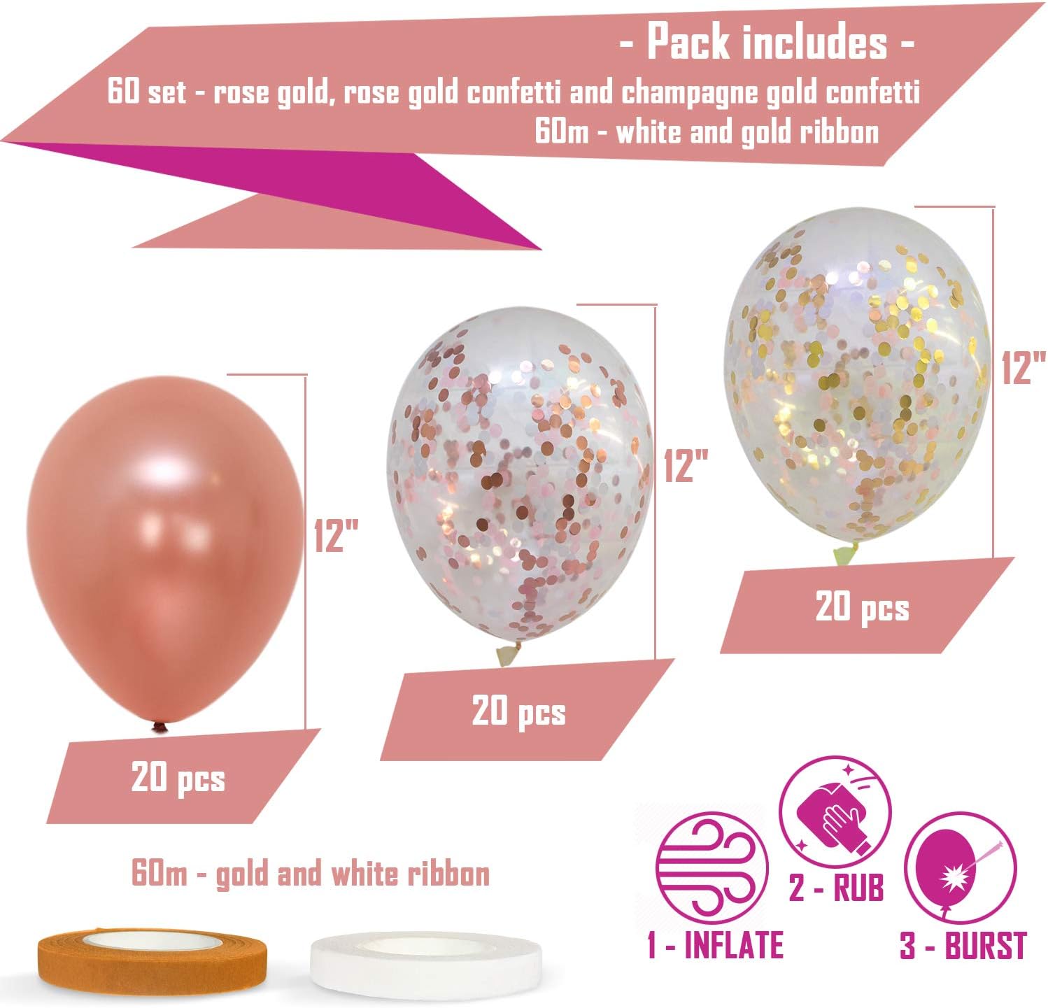 60 PACK Dandy Decor Rose Gold Balloons + Confetti Balloons w/ Ribbon | Rosegold Balloons for Parties | Bridal & Baby Shower Balloon Decorations | Latex Party Balloons | Graduation, Engagement, Wedding: Health & Personal Care