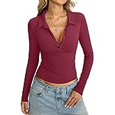 Womens Cotton Polo Collared Shirt Long Sleeve Sexy Deep V Neck Top Button Up Slim Fitted Tee Business Casual Outfit