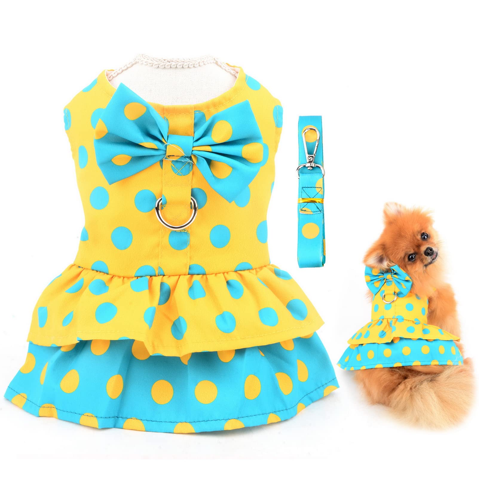 SMALLLEE_LUCKY_STORE Dog Harness Dress with Leash Set,Puppy Bow Princess Dress for Small Medium Dog Cat Girls Puppy Dress with D-ring Female Dog Clothes Summer Pet Apparel,Yellow Dots,M