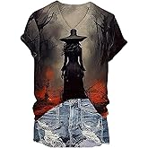 Midsummer Witches Gather T Shirt Women Vintage Halloween Tshirt Witch Graphic Tees Fall Short Sleeve V-Neck Tops