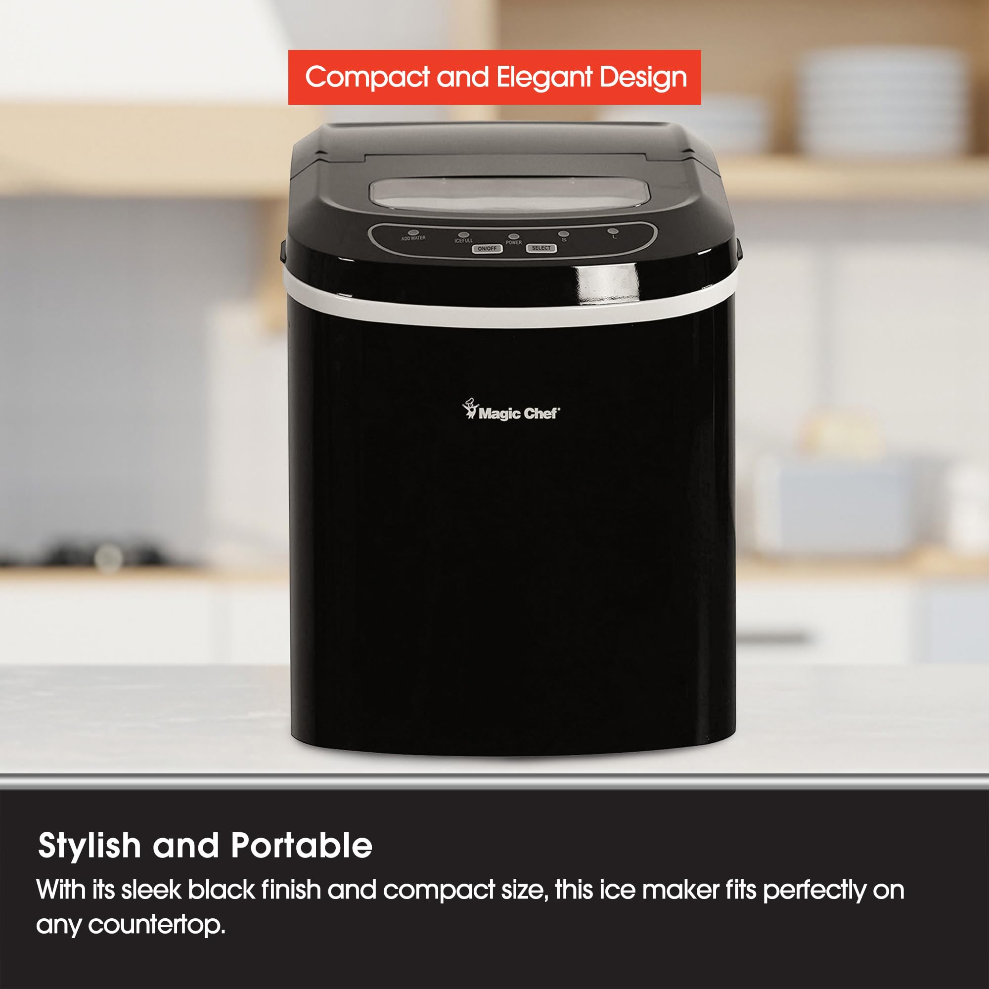 Magic Chef Countertop Ice Maker - Mini Portable Ice Machine - Home Bar Ice Cube Freezer, Makes up to 27 Pounds Per Day, Black
