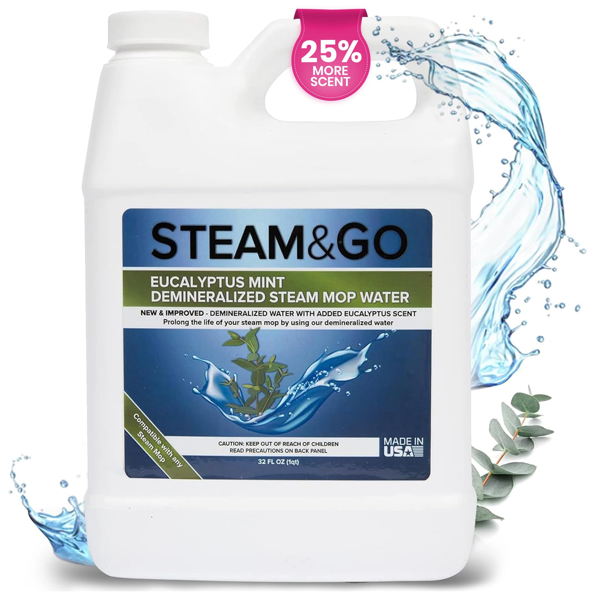 Steam & Go - Demineralized Water for Steam Cleaner, PVC-Free Floor Cleaner Liquid Compatible With Any Steam Mop, Ready-to-Use Multisurface Cleaner, Scented Mop Solution, Eucalyptus Mint, 32 oz