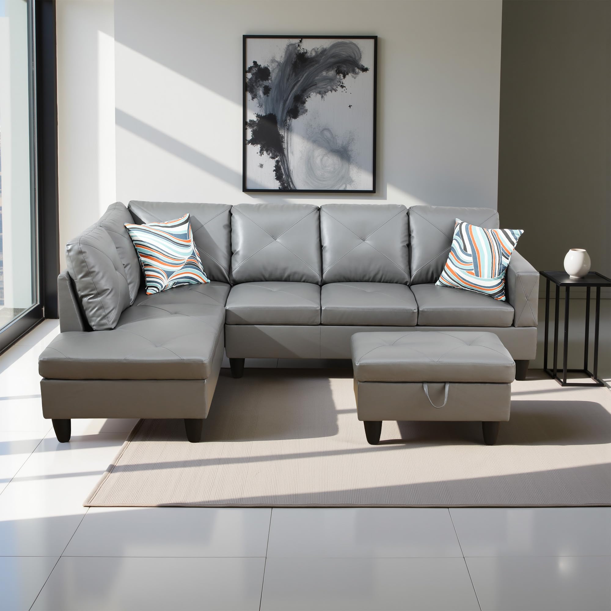 Photo 1 of "Left Arm Chase ONLY" Lyngins L Shaped Couch Faux Leather Sectional Couch Upholstered 3 Pieces Sofas for Living Room with Chaise, Storage Ottoman for Office and Small Apartment, Dark Grey