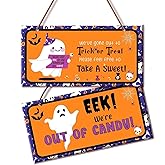 Reversible Halloween Take One/Out of Candy Unattended Candy Bowl Sign, Double-sided Print Durable Hanging PVC Signage for Trick or Treat, 10x5”