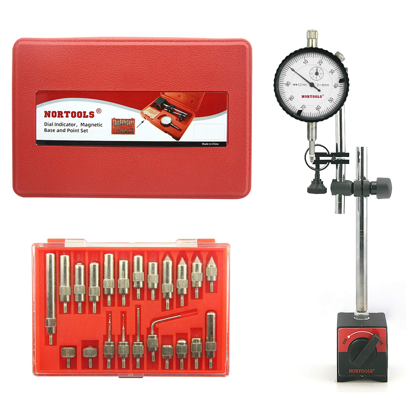 NORTOOLS Dial Indicator with Magnetic Base 0-10mm & Point Set Dial Test Indicator 0.01mm Precision Measuring Gauge Tools Kit,Magnetic Dial Indicator Base Holder with Fine Adjustment