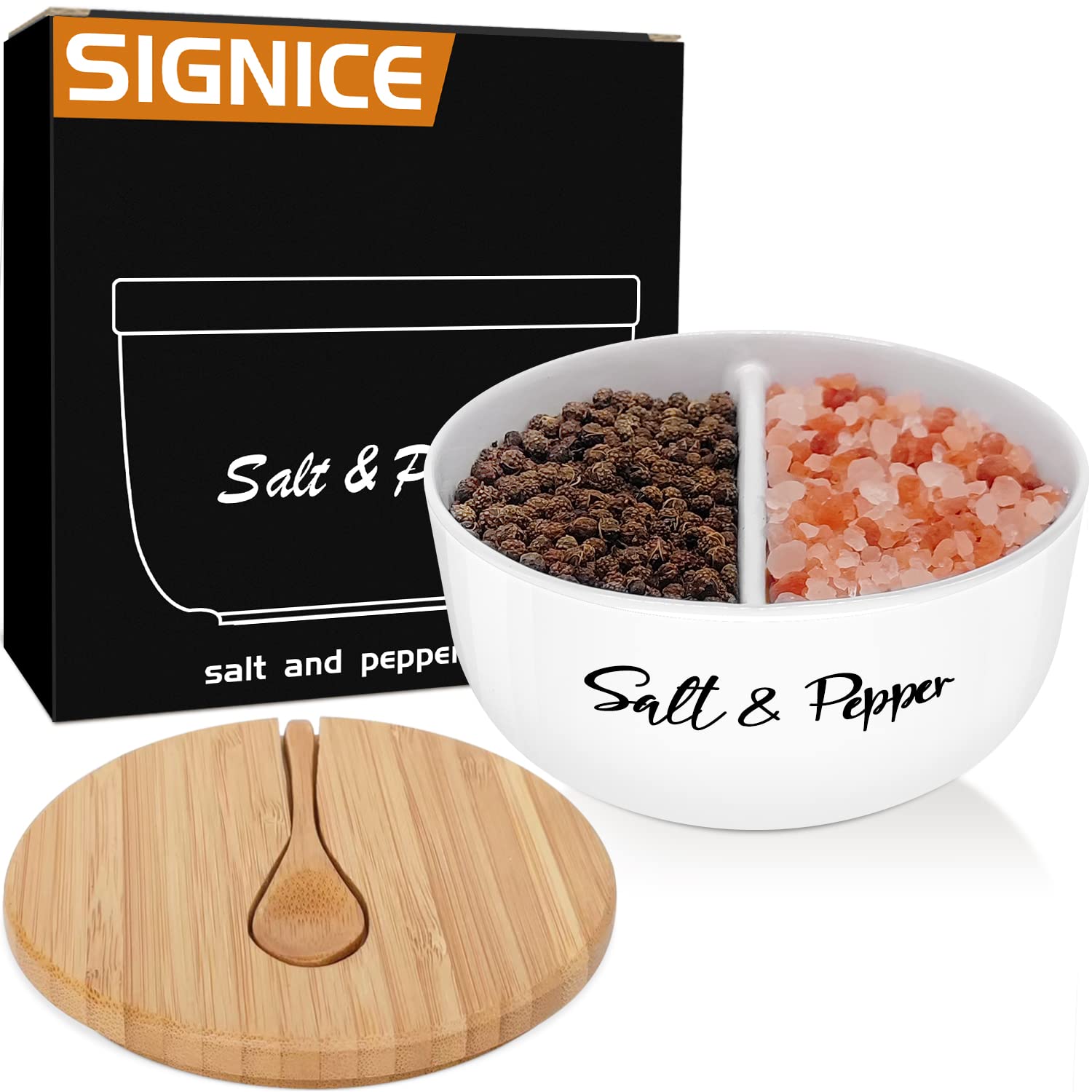 Photo 1 of Signice Ceramic Salt and Pepper Bowls Salt Cellar with Bamboo Lid and Spoon Farmhouse Salt Box Holder Pepper Container Set with Two Compartments for Countertop Modern Kitchen Decor (White)