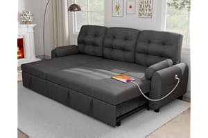 Ucloveria Sectional Sofa Couch, 87" Sleeper Sofa Bed with Reversible Storage Chaise Pull Out Couch for Living Room | Side Pocket | Charging Station | Removable Backrest | Linen Fabric, Dark Grey