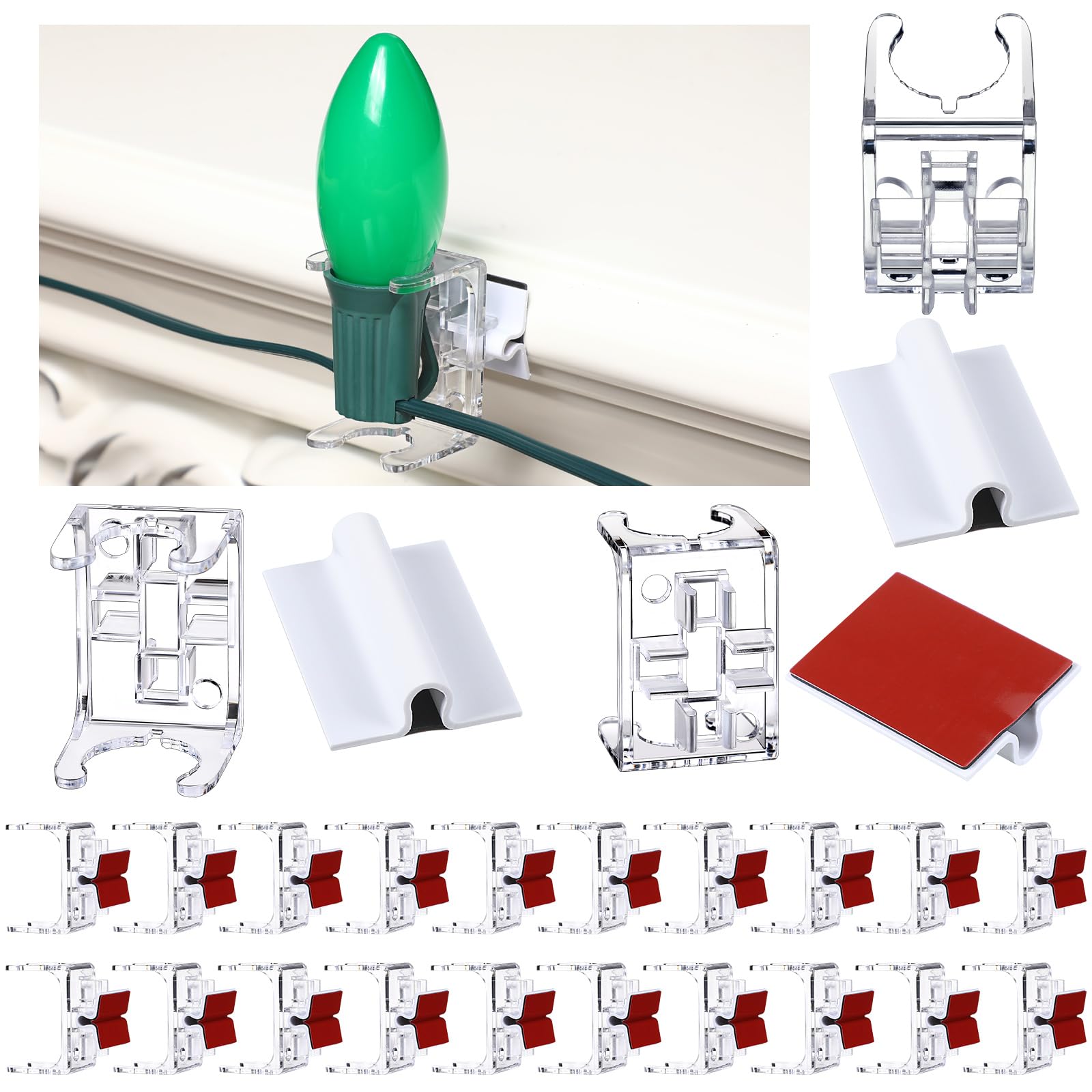 Photo 1 of Colingmill 50 Pcs C9/ C7 Christmas Outdoor Light Clips Removable self Adhesive Clips Outside Clear Lighting Outlet C Clips Waterproof Gutter Clip Hooks for Christmas Home String Lights Decor