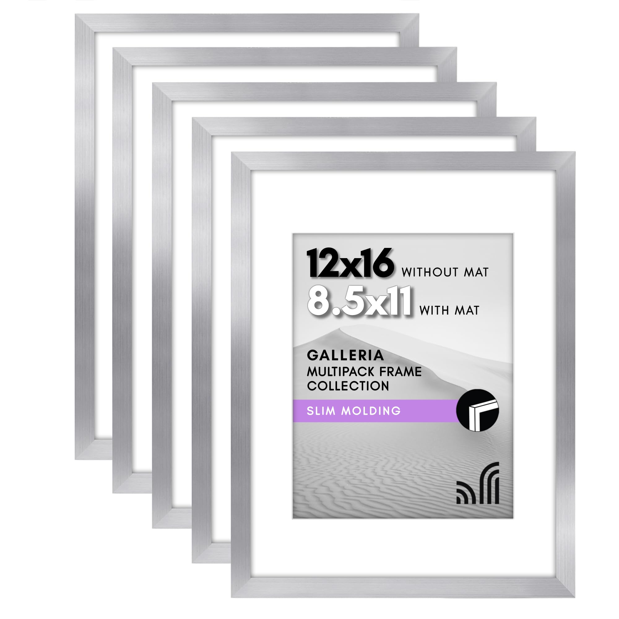 Americanflat 12x16 Picture Frame with Polished Plexiglass - Set of 5 - Use as 8.5x11 Frame with Mat or Display 12x16 Photo Without Mat - Galleria Collection - Picture Frames for Wall Display - Silver Image