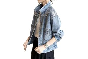 Womens Sequin Denim Jacket Long Sleeve Sparkly Rhinestone Jean Jackets Button Oversized Patchwork Casual Coat