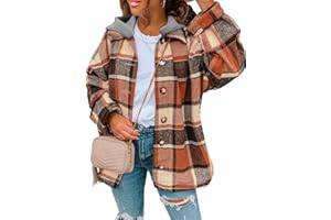 SHEWIN Womens Long Sleeve Button Down Plaid Shirts Flannel Hooded Shacket Jacket Hoodie Coats