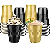 Kochorie 60 Pieces 16 oz Plastic Graduation Cups Black and Gold Disposable Party Cups Drinking Cup Bulk for Party Graduation Christmas Holiday Wedding Festive Celebrations
