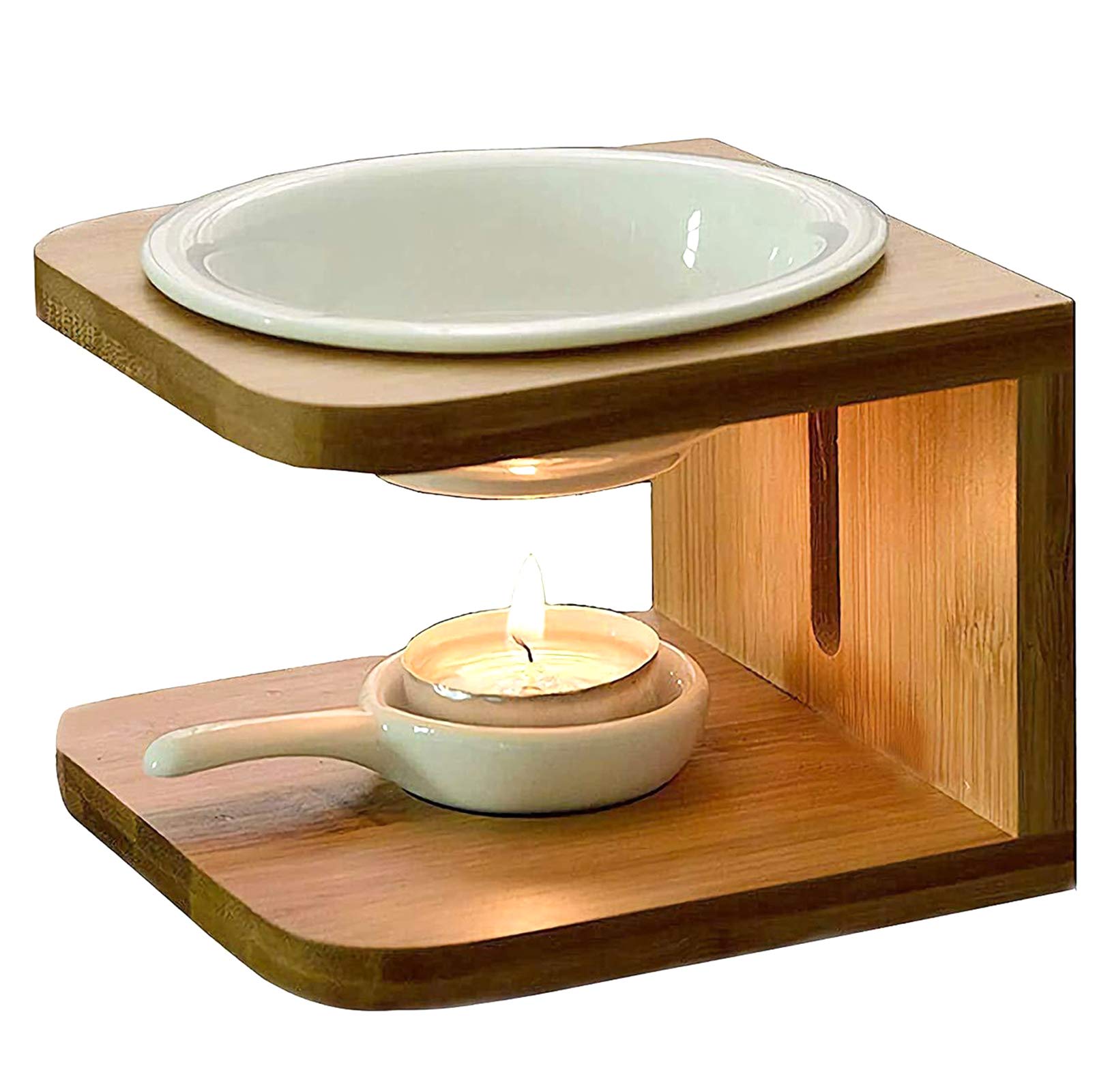 Bamboo Ceramic Essential Oil Burner, MINGJIANG Burner Oil Burner Wax Melting Humidifier Yoga Aromatherapy Fragrance Diffuser Candle Holder for Living Room, Bedroom, Office Decoration