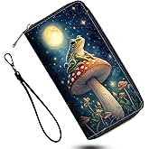 DSRGRGFDJ Leather Wallet for Women,Large Capacity RFID Blocking Clutch,Zip Around Purse with 42 Card Slots,Bill Compartments Coin Pocket-Mushroom Frog Design