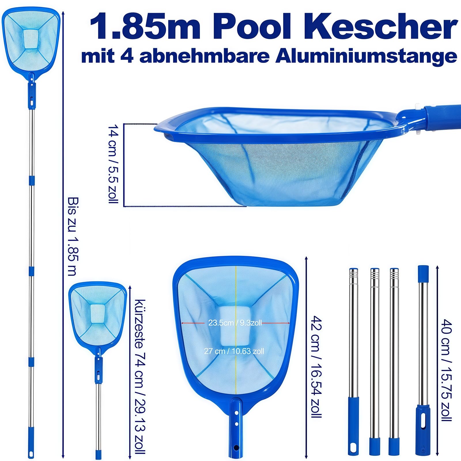 185 cm Pool Kescher, Poolkescher Fein mit Teleskopstange, Poolreinigung Pool Kescher Feinmaschig, Teichkescher für Schwimmbad, Teich, Algen & Bestway Pool, Aufstellpool, Planschbecken, Whirlpool 3