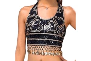 GRAEEN Belly Dance Sequin Crop Top Coin Tassel Rave Carnival Costume Bra Tops for Women