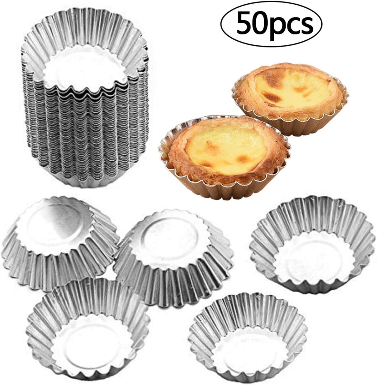 Egg Tart Mold, Sccolr 50pcs Egg Tart Tins Reusable Egg Tart Baking Mold Tinplate Cupcake Cake Cookie Mold Lined Mould Tin Baking Tool Non-Stick Pie Muffin Cupcake Pudding Makers Mold Cases Tin Pans